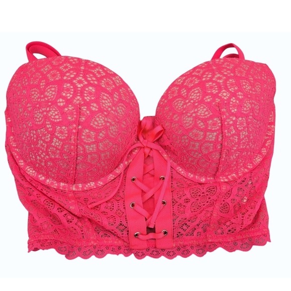 Victoria's Secret Push Up Lace Bra Top Zip Up Bustier Corset Top Hot Pink 34DD - Picture 1 of 6